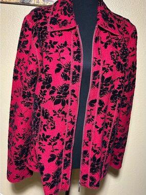 Vintage Sara Isabella Red and Black Flocked Floral Zip-Front Jacket Blazer